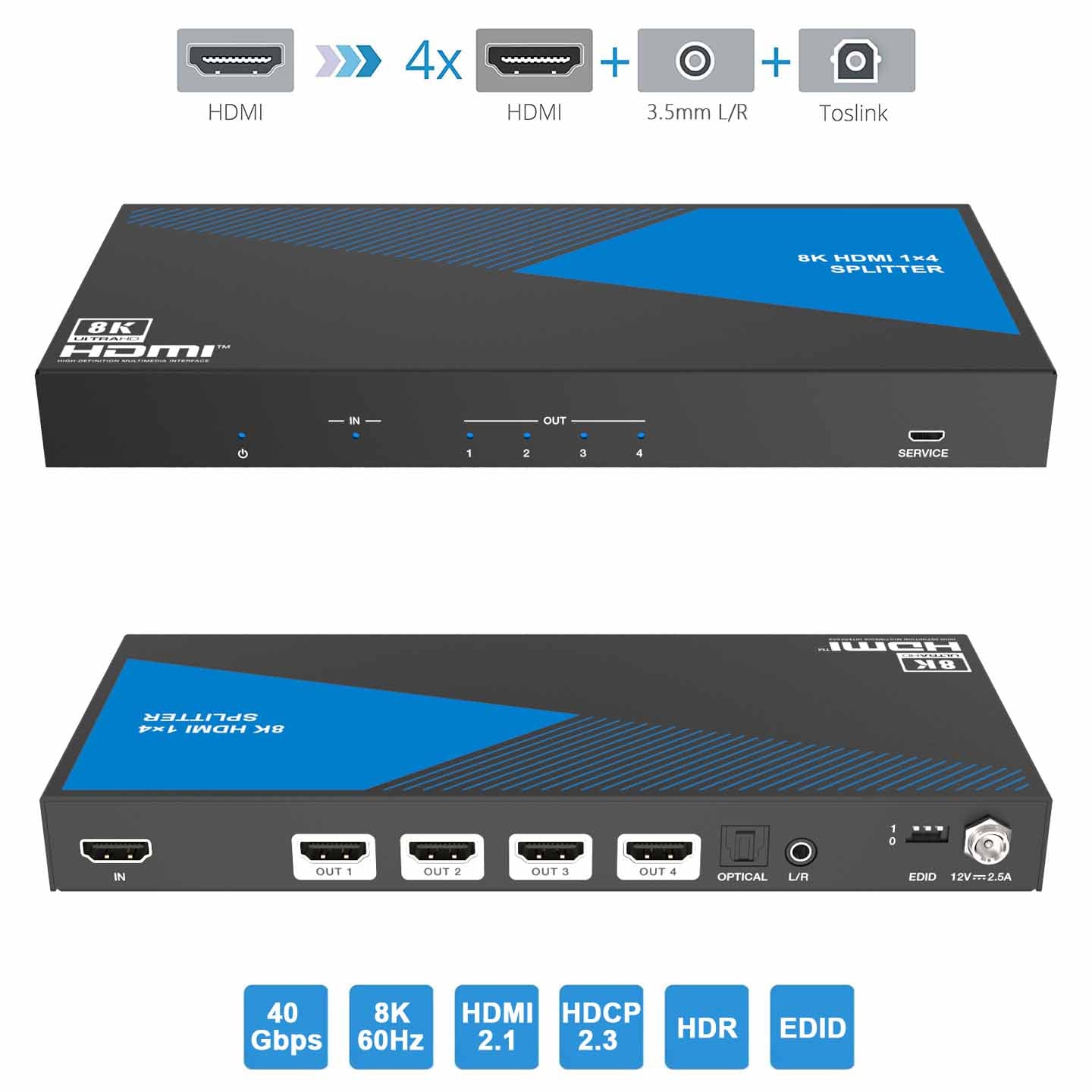 8K HDMI Splitter 1 in 4 out Audio Extractor EDID Management-BUNGPUNG