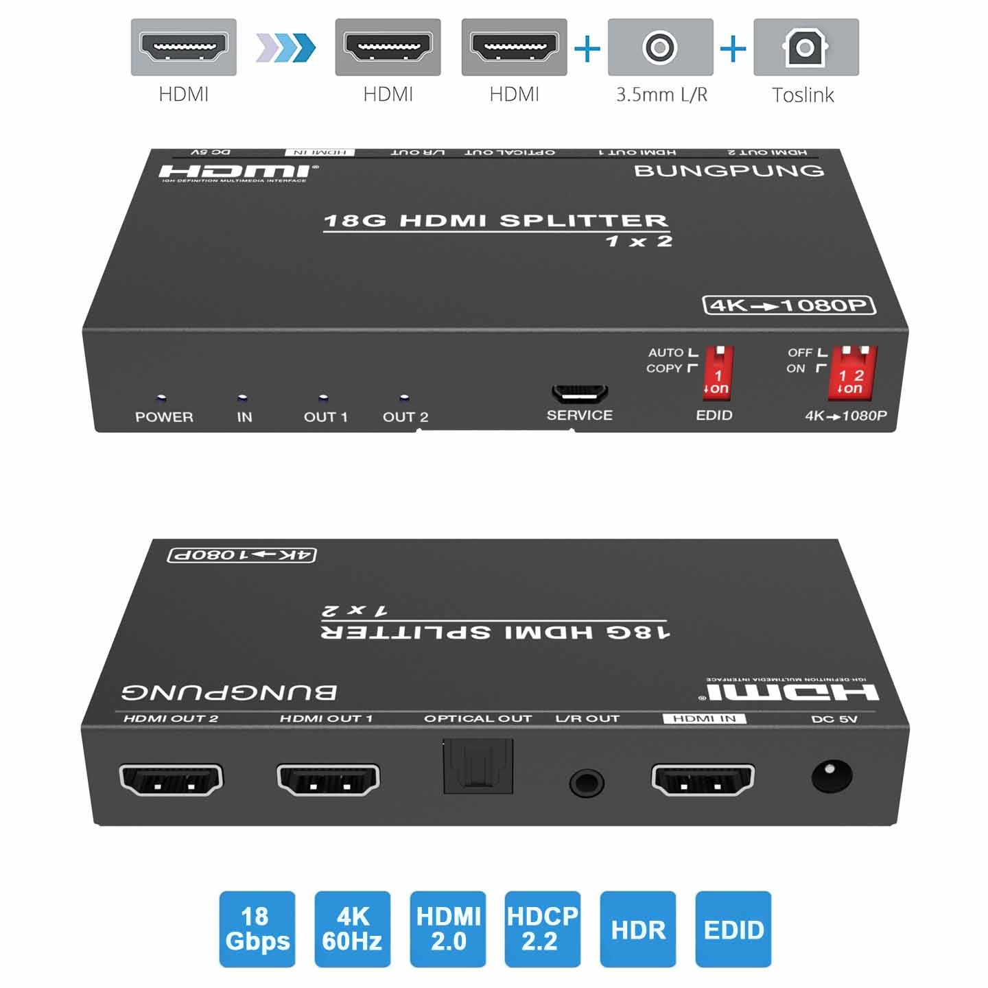 HDMI Switch HDMI Splitter 4K@60HZ, HDMI Splitter 1 in 2 Out with Audio  Extractor(3.5
