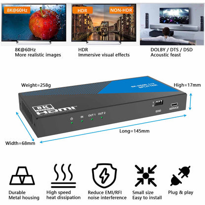 8K HDMI Splitter 1 in 2 out Audio Extractor feature