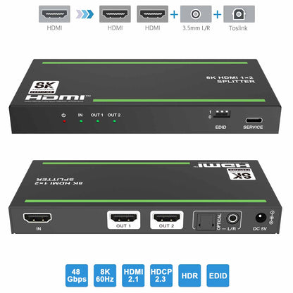 8K@60Hz HDMI Splitter 1 in 2 out Audio Extractor EDID Management-BUNGPUNG