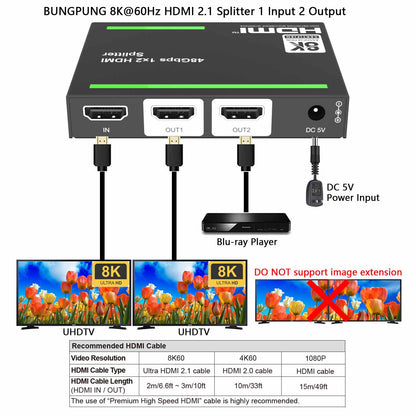 8K@60Hz HDMI Splitter 1 in 2 out EDID management-BUNGPUNG