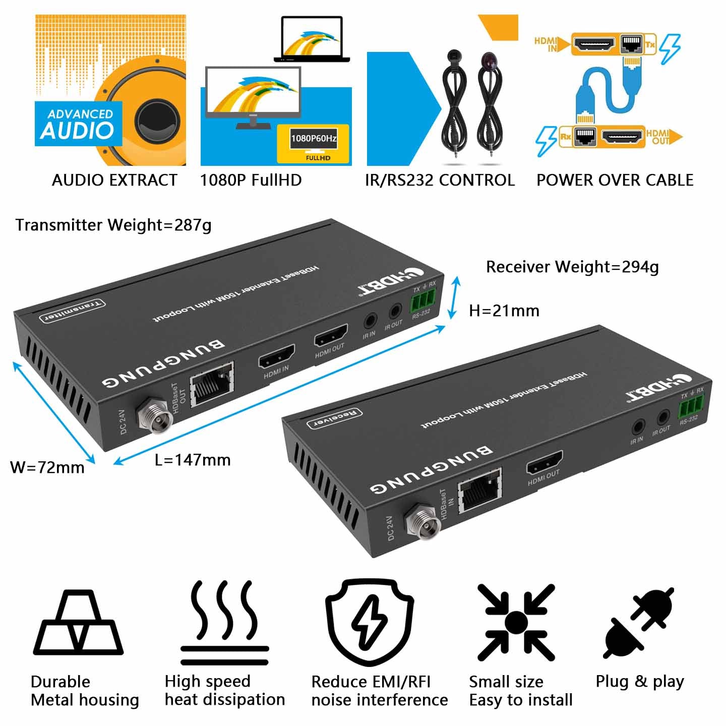 HDBaseT HDMI Extender over CAT6 Cable 1080P 150m IR RS232 Audio Extractor Embedder size