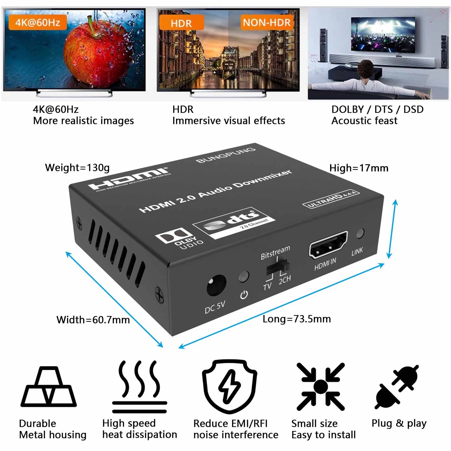 HDMI Audio Extractor Dolby DTS Audio Downmix Decoder size