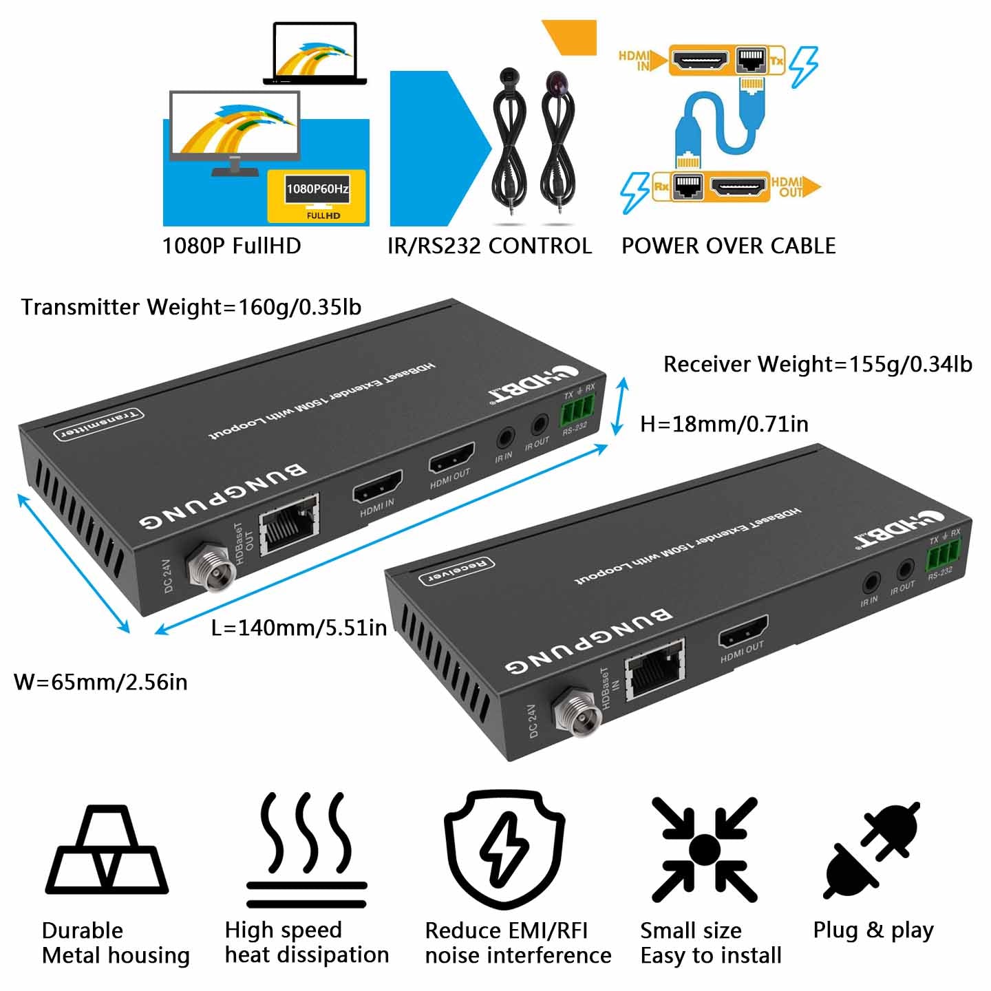 HDBaseT HDMI Extender over CAT6 Cable 1080P 150m size