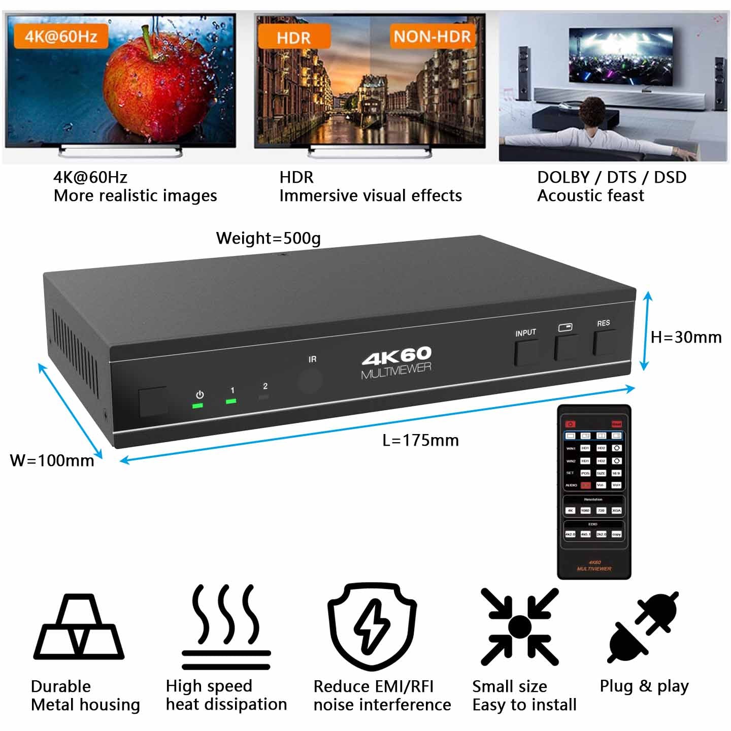 4K HDMI Multiviewer 2x1 Audio Extractor size
