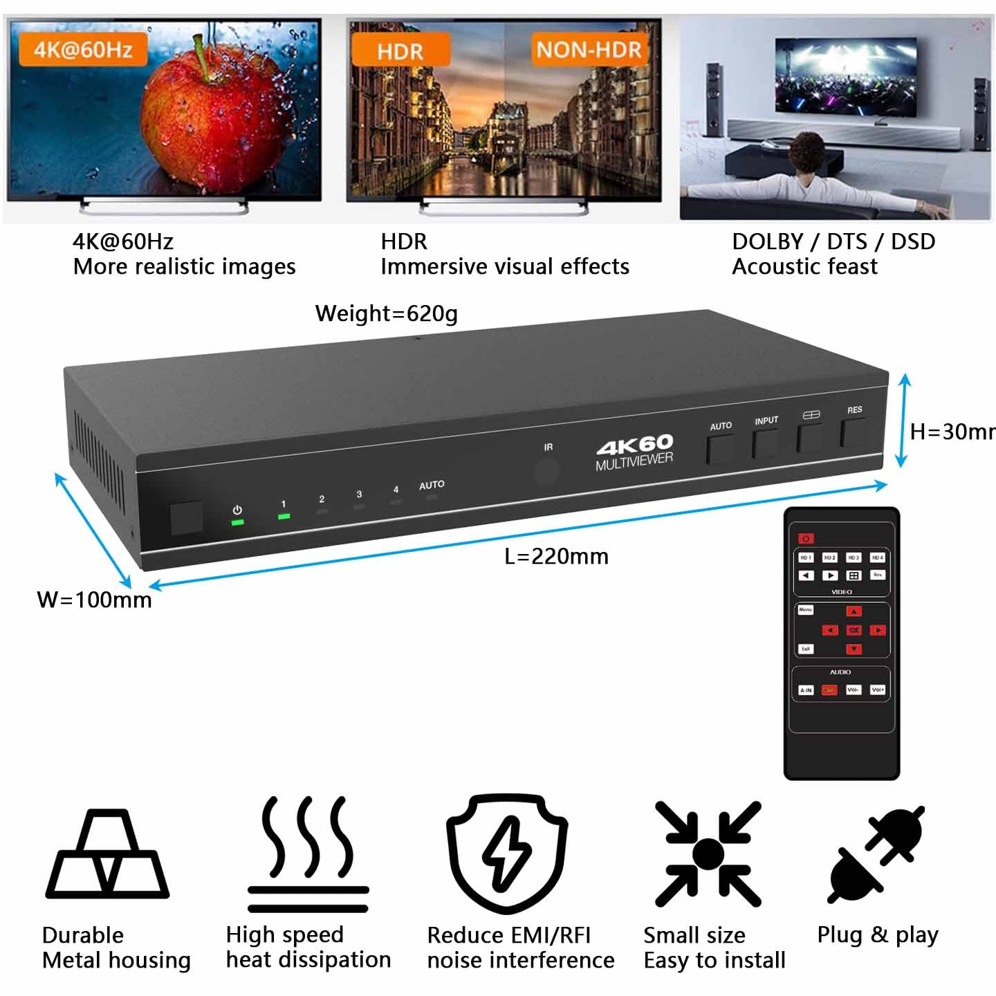 4K HDMI Multiviewer 4x1 Audio Extractor 8 Display Modes size