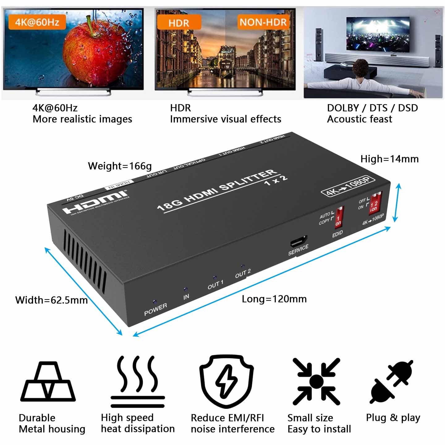 HDMI Splitter 1 in 2 out 4K 60Hz Audio Extractor size