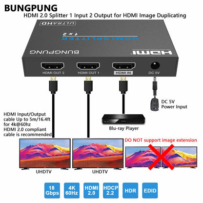 HDMI Splitter 1 in 2 out 4K 60Hz connection