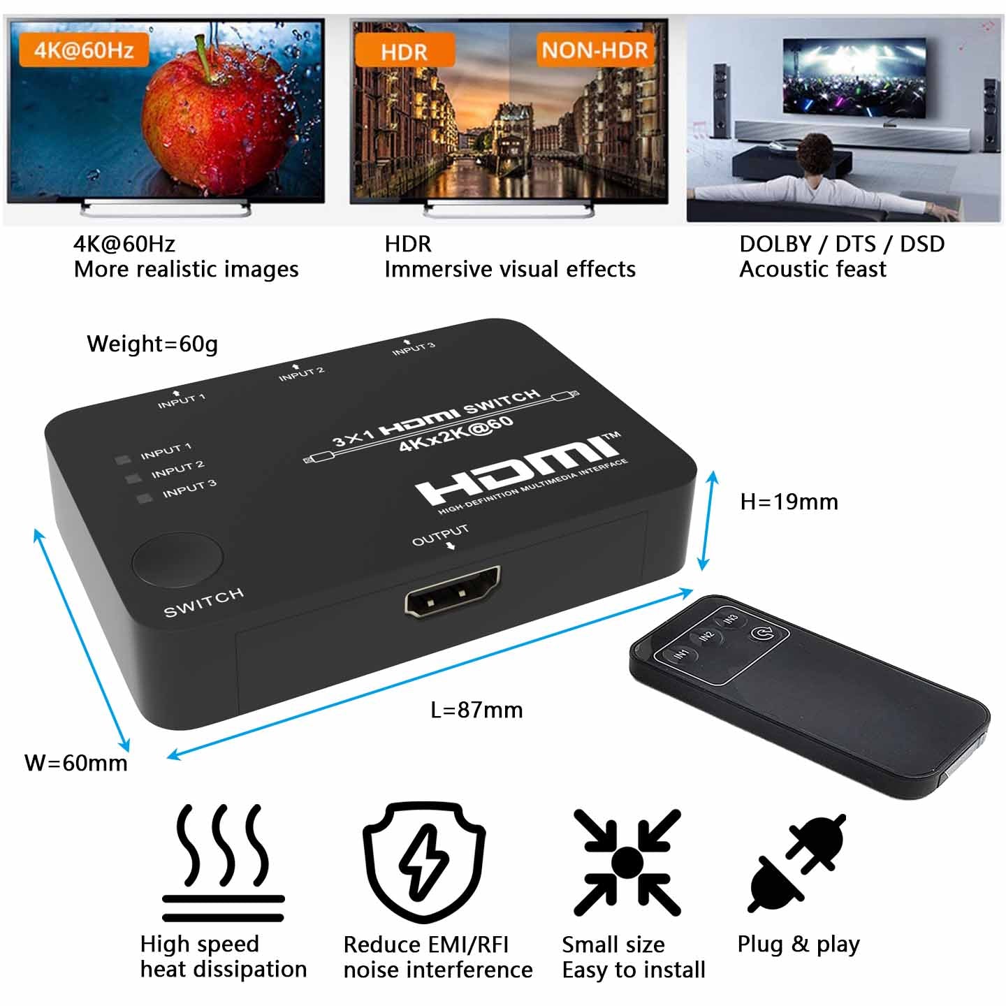 HDMI Switch 3 in 1 out 4K 60Hz size