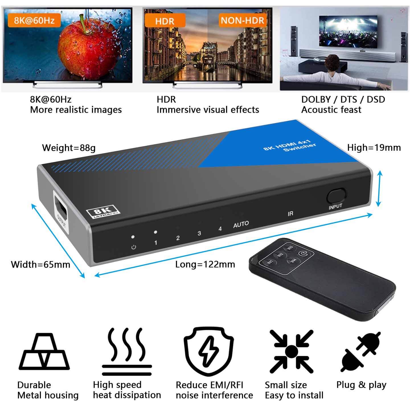 8K HDMI Switch 4 in 1 out feature