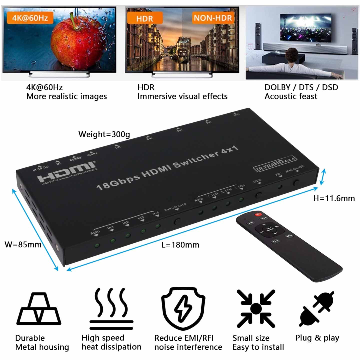 HDMI Switch 4 in 1 out 4K 60Hz Audio Extractor size