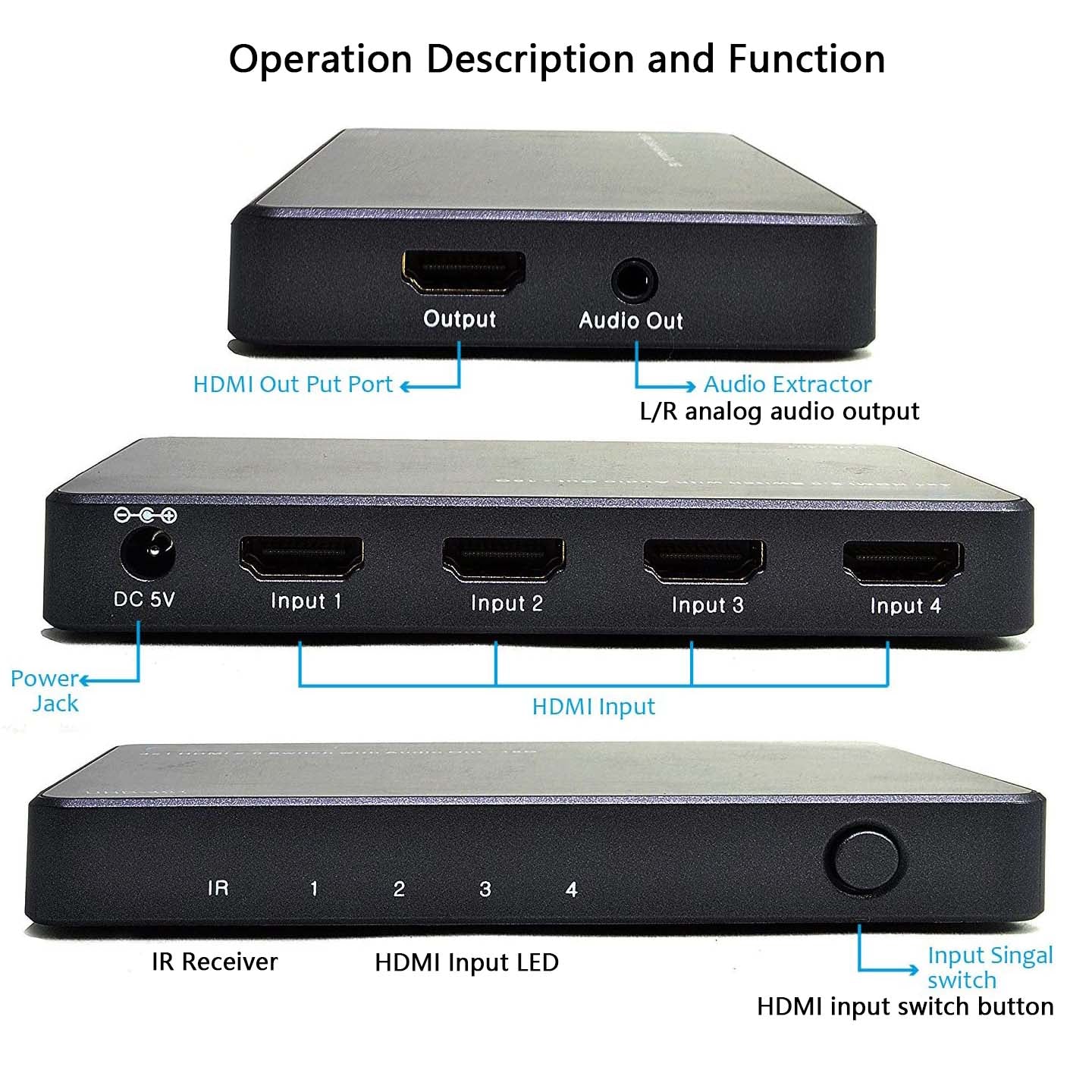 4k HDMI Switch 4 in 1 out Analog Audio Output IR Remote-BUNGPUNG
