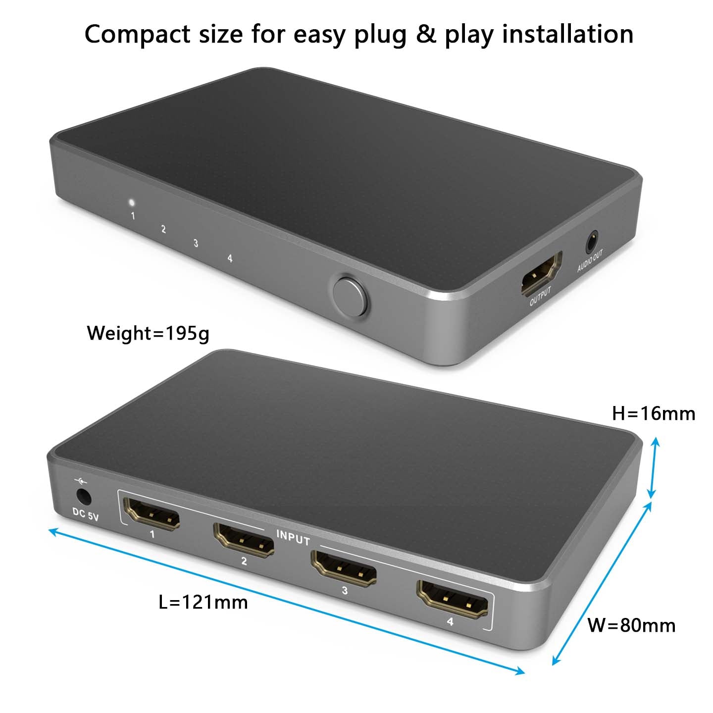 HDMI Switch 4 in 1 out 4K 60Hz size